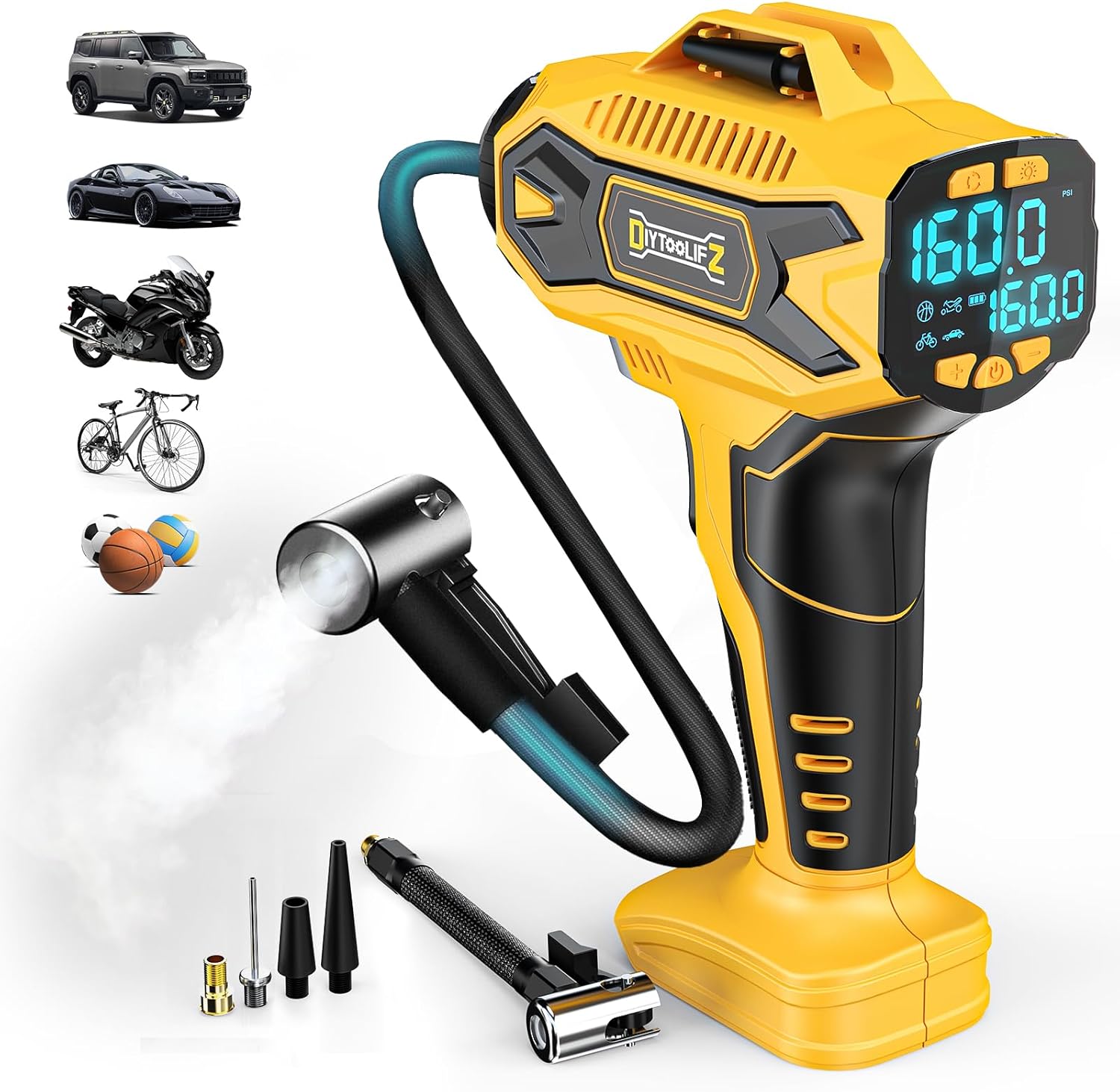 160 PSI Cordless Tyre Inflator — Bare Tool for 18V/20V Slide-Pack Batteries