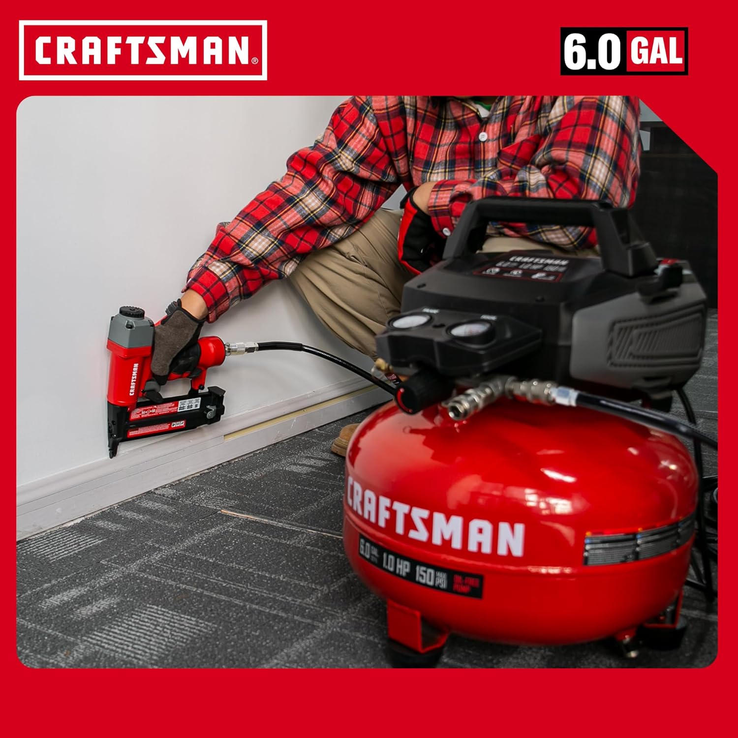 6-Gallon Pancake Air Compressor with Brad Nailer Kit — 150 PSI