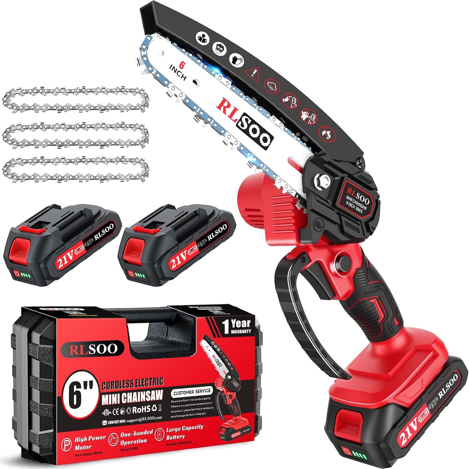 6-Inch Cordless Mini Chainsaw — 2 Batteries, 3 Chains