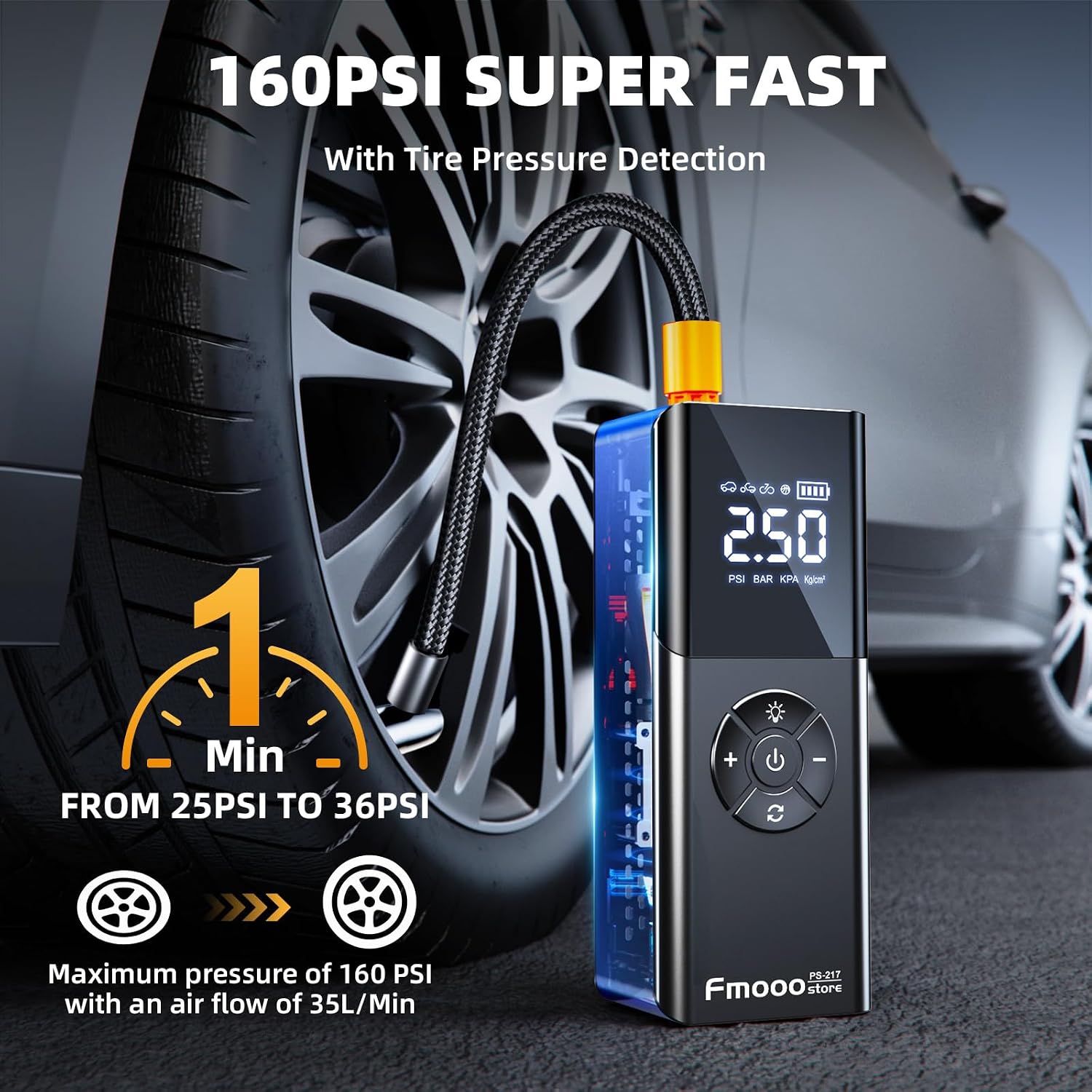 Cordless Tyre Inflator — 160 PSI, 6000 mAh, LED Light